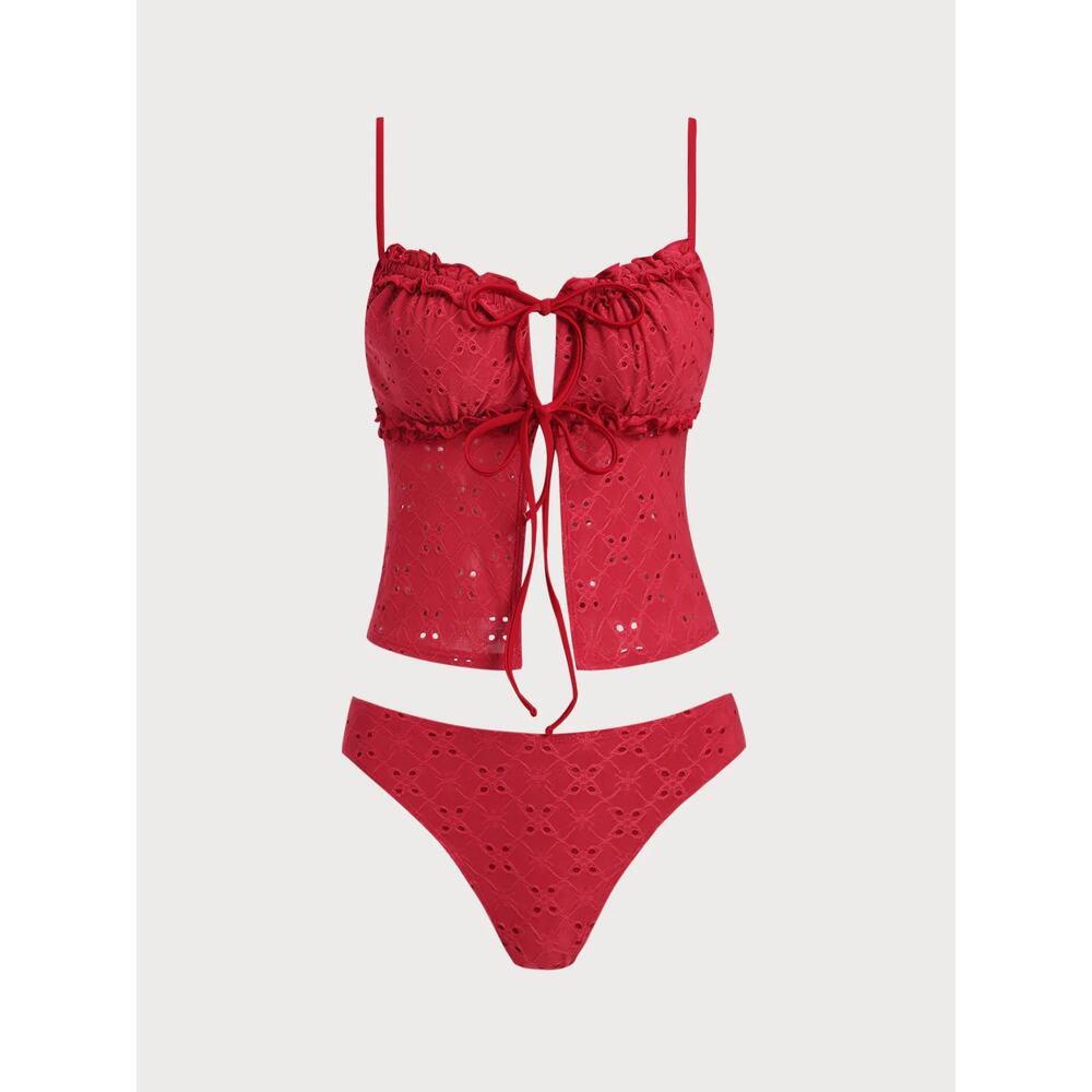 NWT Samiol Lace eyelet red tie tankini swimsuit set size Medium